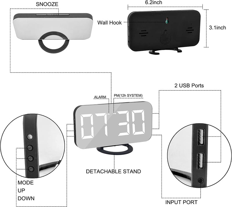 LED Digital Alarm Electric Clocks Mirror Surface -Black