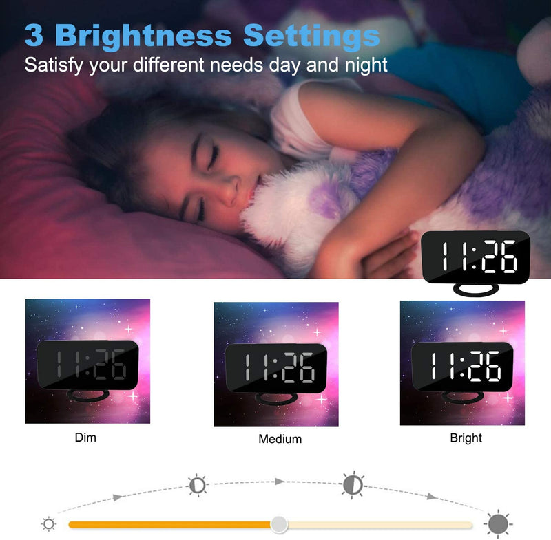 LED Digital Alarm Electric Clocks Mirror Surface -Black