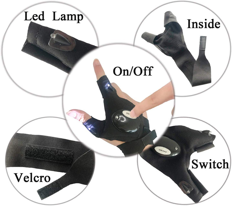 Tactical Fingerless LED Flashlight Gloves for Repairing, Working in Darkness Places, Fishing, Camping, Hiking and Outdoor Activities