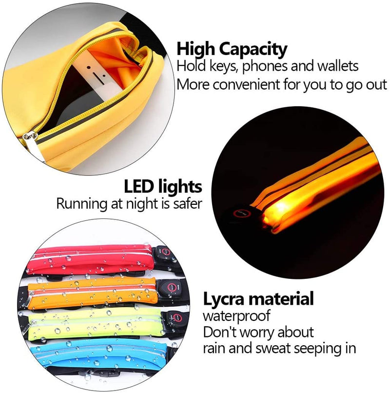 LED USB Rechargeable Reflective Belt Bag Waist Belt Pack High Visibility Fanny Pack for Running, Camping, Walking, Cycling