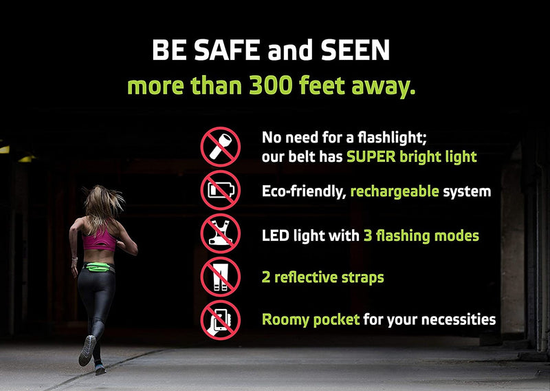 LED USB Rechargeable Reflective Belt Bag Waist Belt Pack High Visibility Fanny Pack for Running, Camping, Walking, Cycling