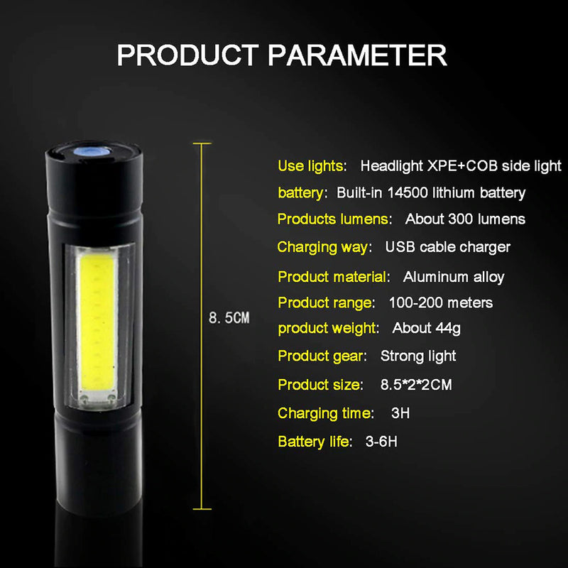 USB Rechargeable Flashlight 3 Lighting Mode COB+XPE LED Mini Flashlight Waterproof Portable Used for camping, cycling, work, etc