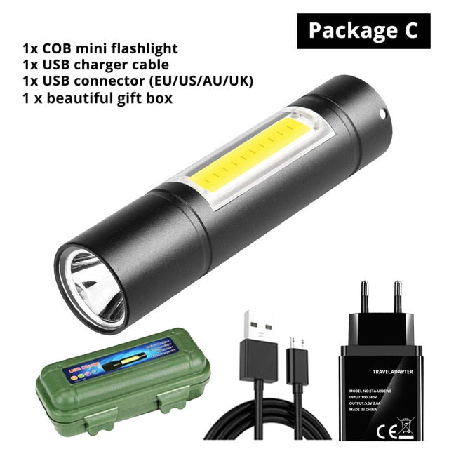 USB Rechargeable Flashlight 3 Lighting Mode COB+XPE LED Mini Flashlight Waterproof Portable Used for camping, cycling, work, etc