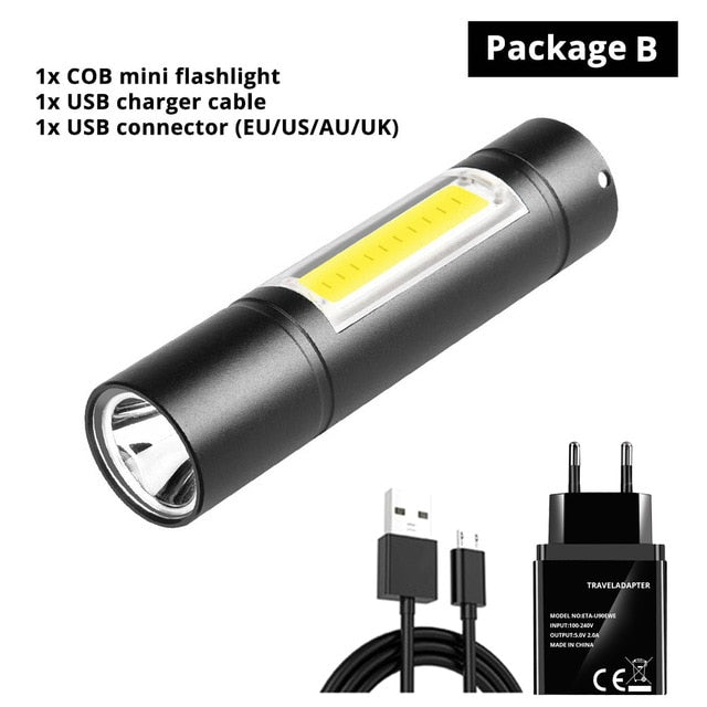 USB Rechargeable Flashlight 3 Lighting Mode COB+XPE LED Mini Flashlight Waterproof Portable Used for camping, cycling, work, etc