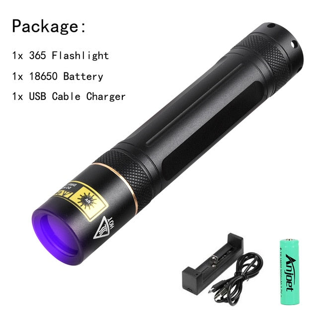 UV Flashlight LED 365nm Ultra Violet Ultraviolet Invisible Torch for Pets Stain Hunting Marker Use 18650 battery