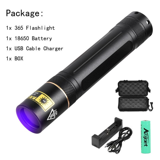 UV Flashlight LED 365nm Ultra Violet Ultraviolet Invisible Torch for Pets Stain Hunting Marker Use 18650 battery